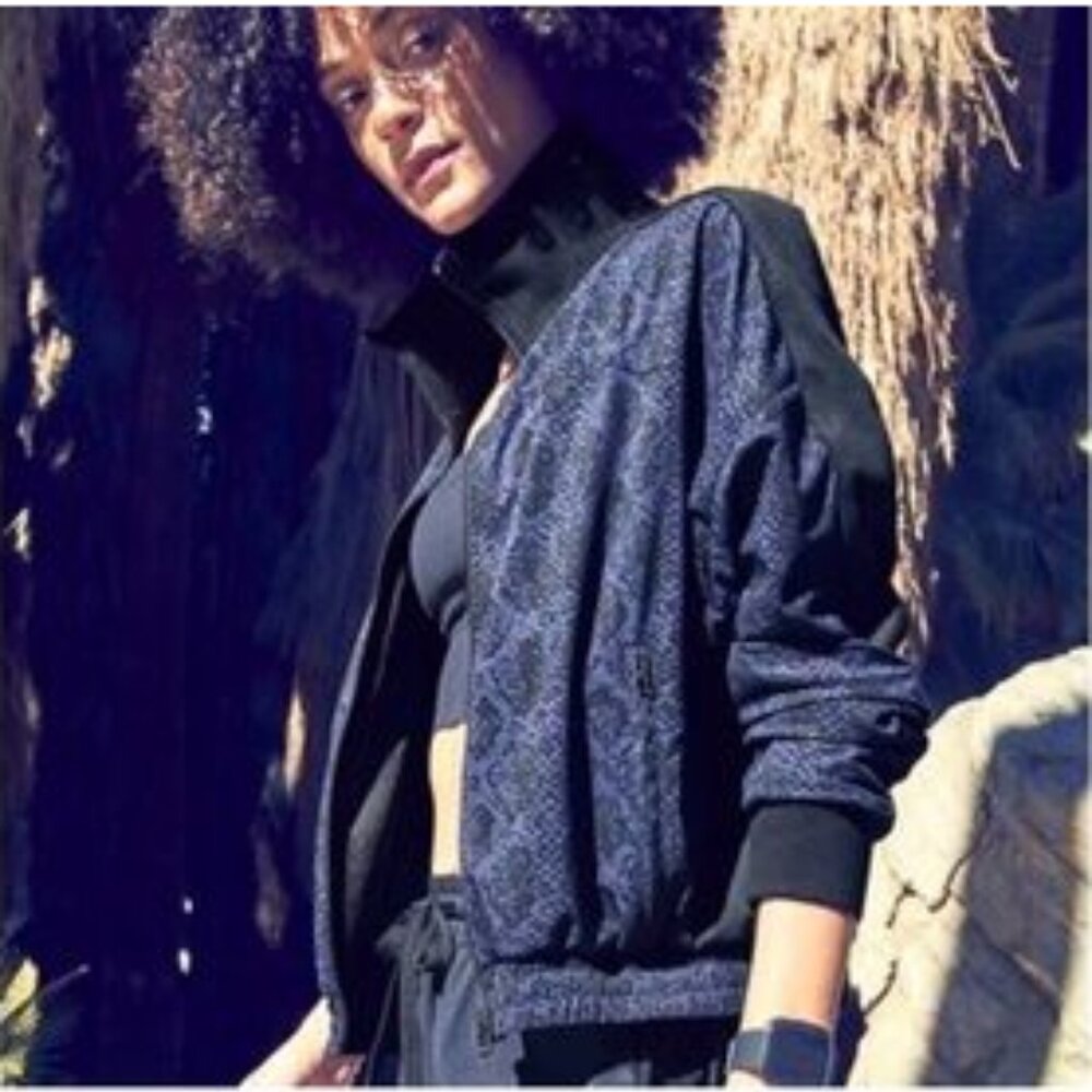 Athleta Brooklyn Track Bomber Jacket Blue Black Printed Med